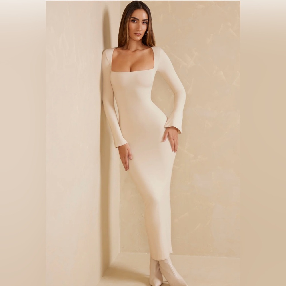 Oh Polly Gelisa Square Neck Long Sleeve Maxi Dress in Ivory